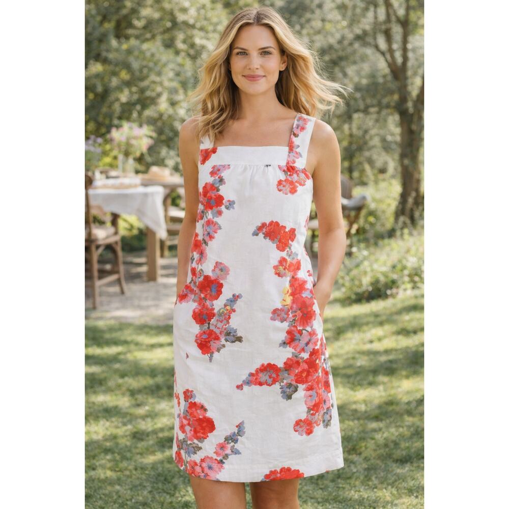 Joules Square Neck Darcie Linen Blend Floral Dress Womens Size 12 New White Red